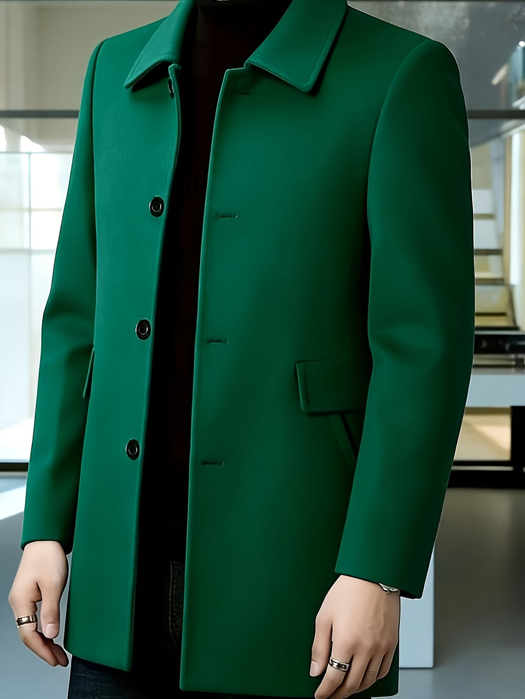 Men's Refined Single-Breasted Overcoat with Side Pockets