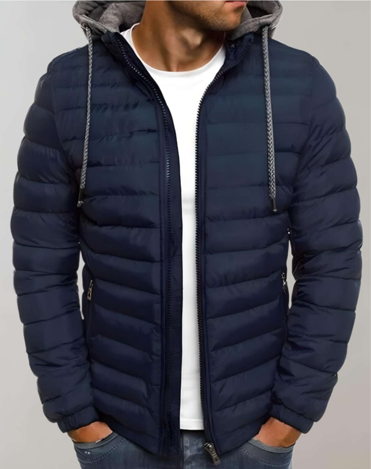 Men's Lightweight Padded Jacket with Hood and Elastic Cuffs - Navy Blue