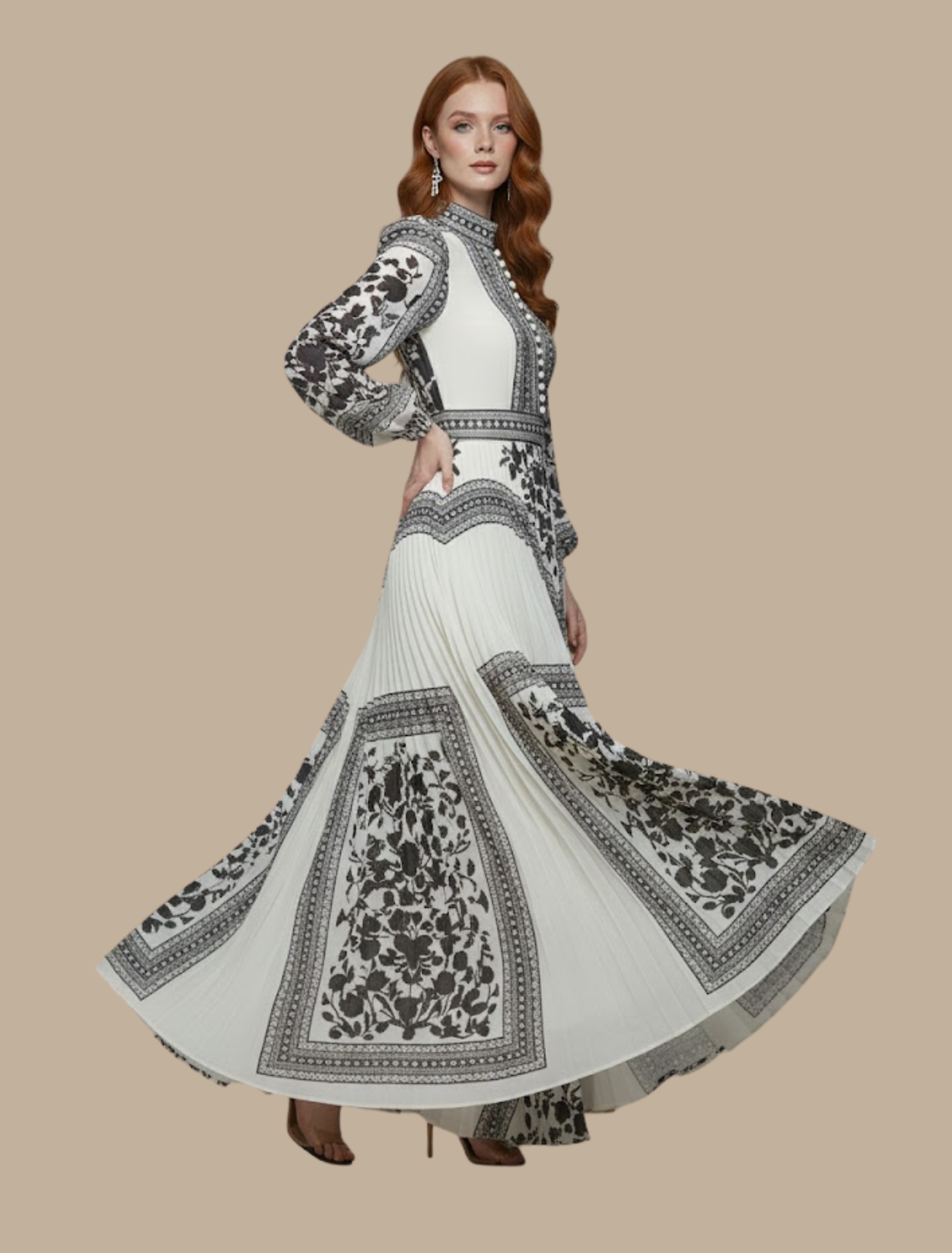 Women's Printed Pleated Maxi Dress Long-Sleeve Evening Gown for Formal Events