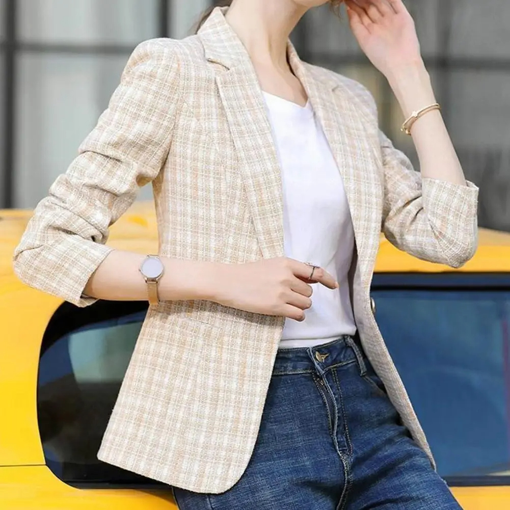 Women's Checked Single-Button Blazer Tailored Office Jacket for Smart Everyday Wear