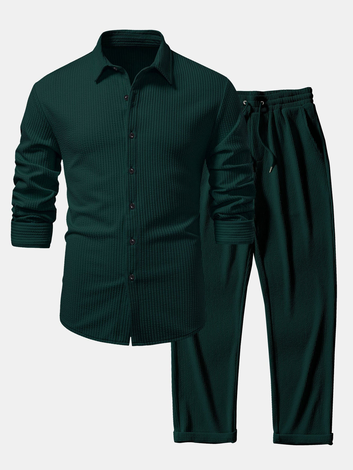 Men's Ribbed Muscle-Fit Shirt and Trousers Set - Dark Green