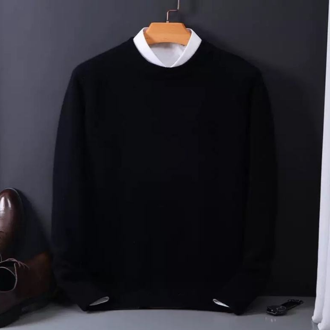 Men's Classic Crew Neck Winter Sweater with Ribbed Trims - Black