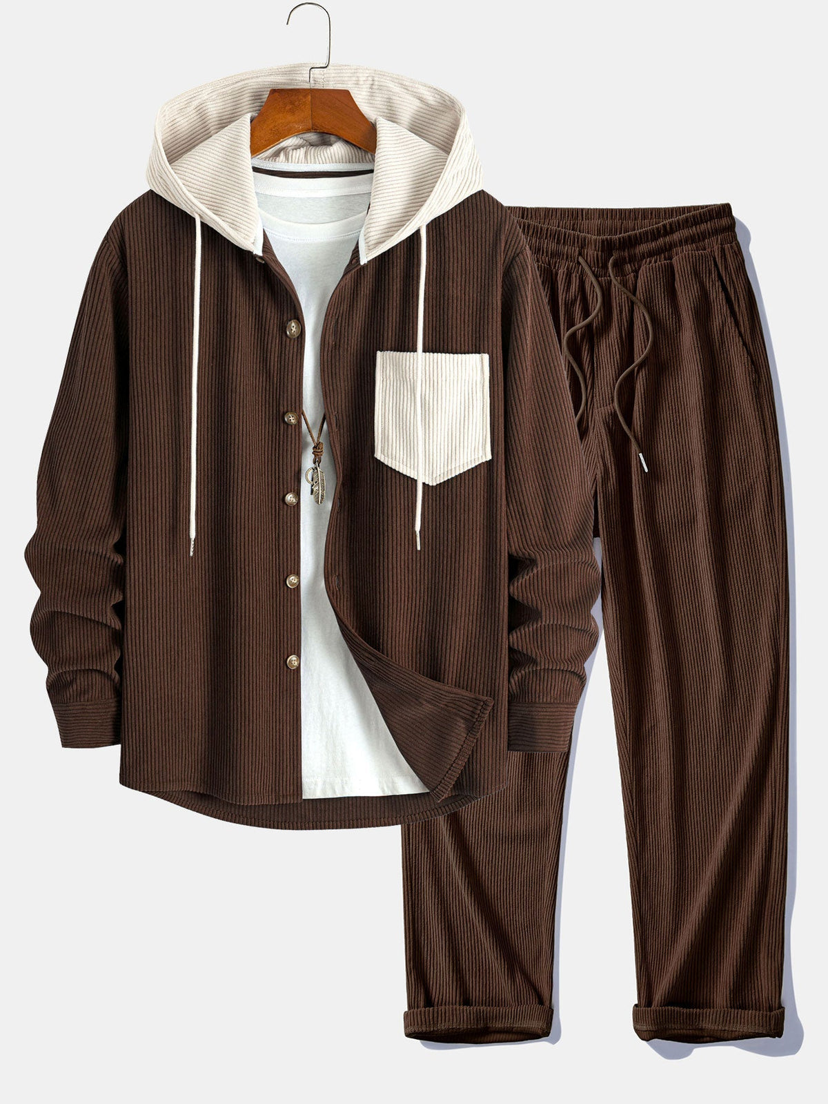 Men's Corduroy Hooded Overshirt and Straight-Leg Pants Set - Dark Brown