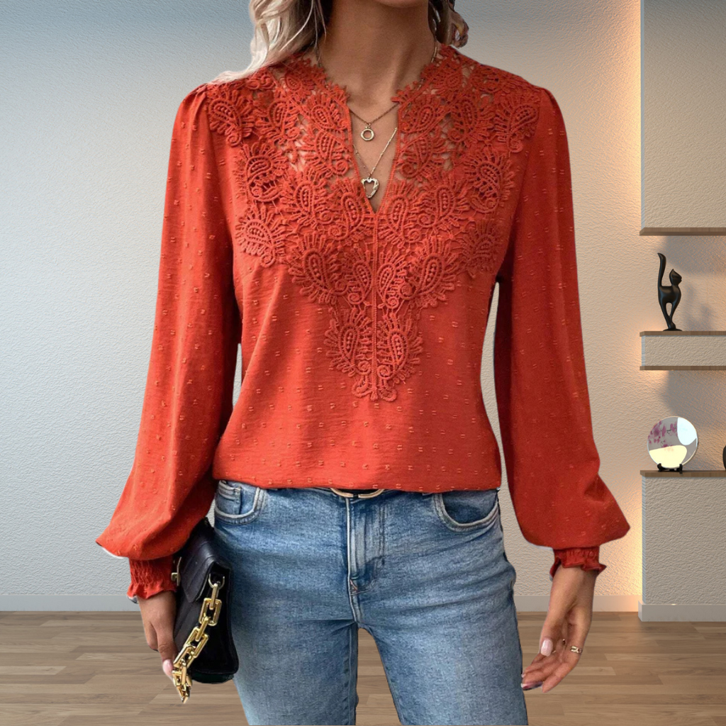 Women's Lightweight Summer Blouse V-Neck Top with Textured Detail and Blouson Sleeves