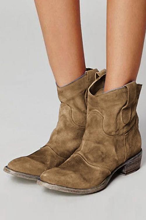 Women's Distressed Suede Western Ankle Boots with Low Stacked Heel - Brown