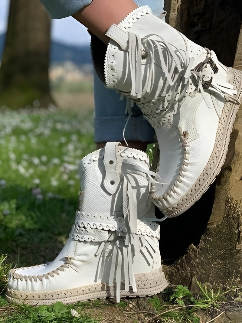Women's Fringe Ankle Boots with Woven Detail