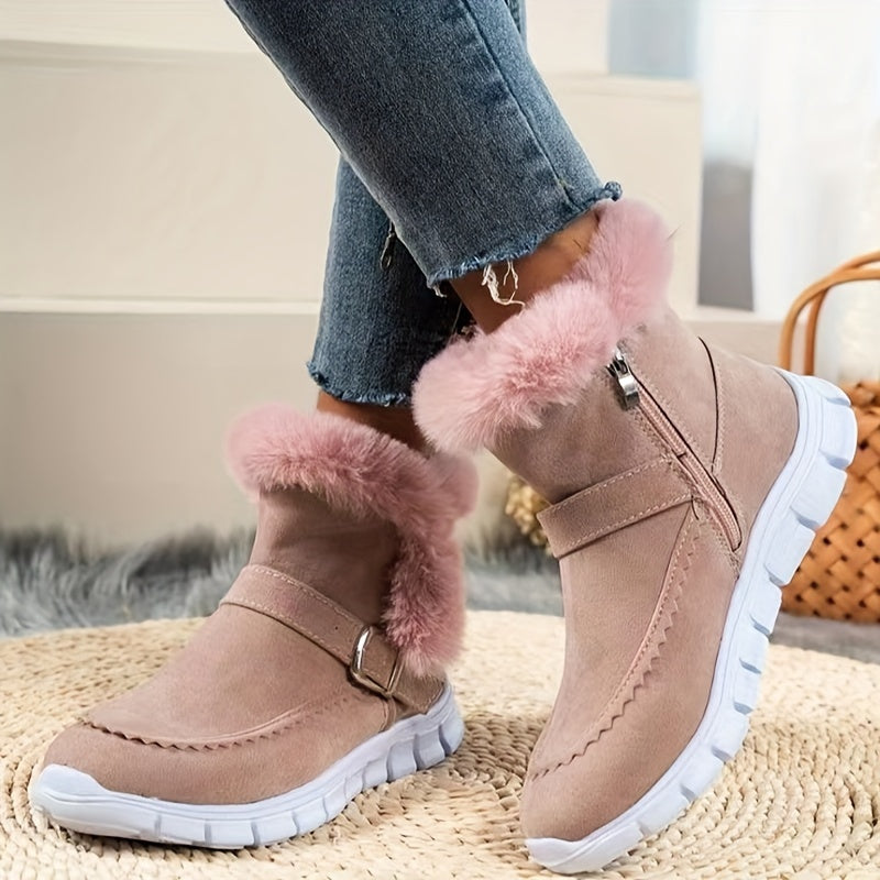 Women's Plush-Lined Buckle Ankle Boots - Brown