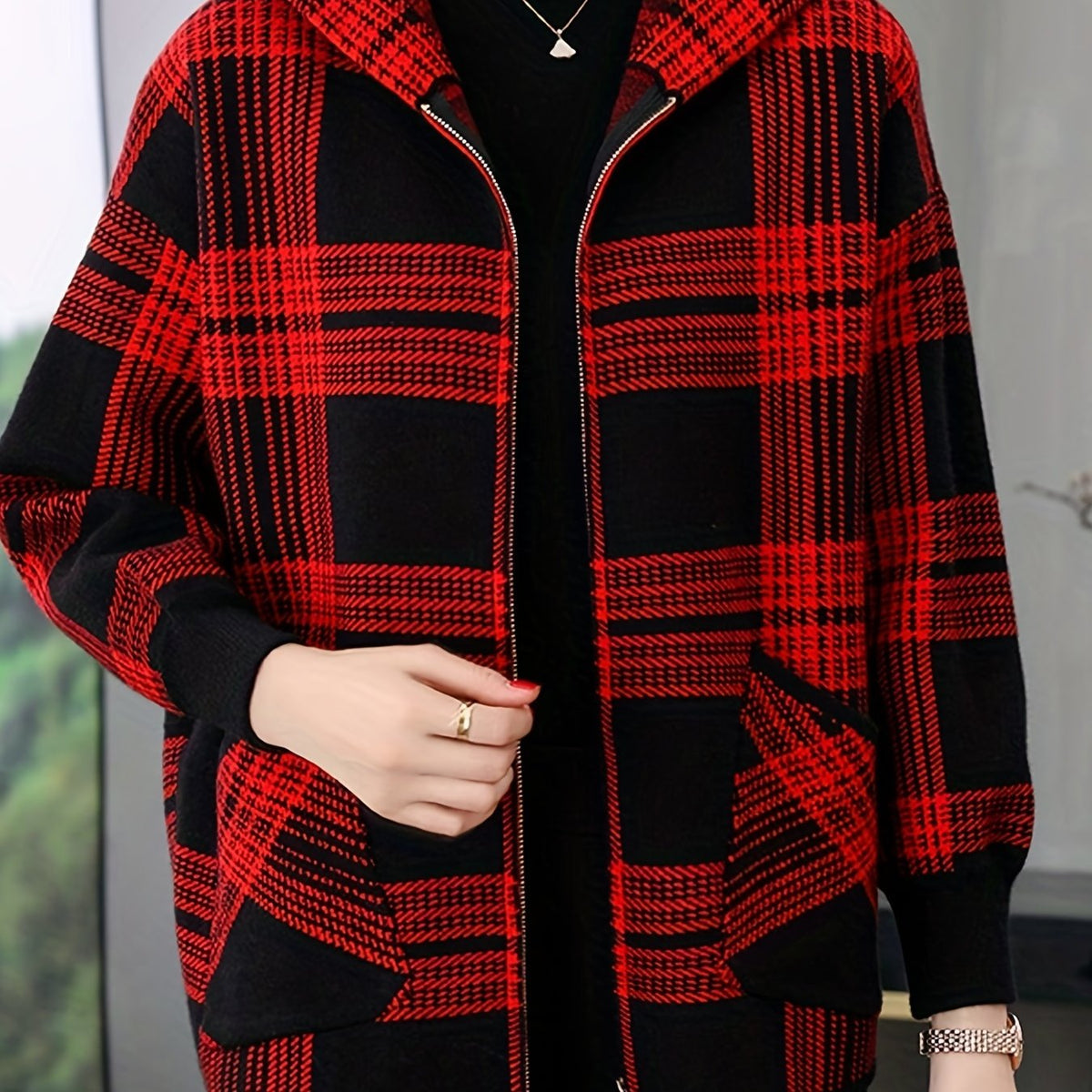 Women's Loose Fit Check Pattern Hooded Zip Jacket - Red