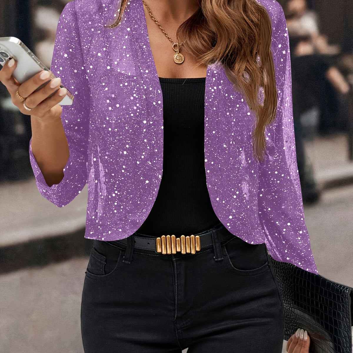 Women's Shimmer Cropped Open-Front Jacket - Purple
