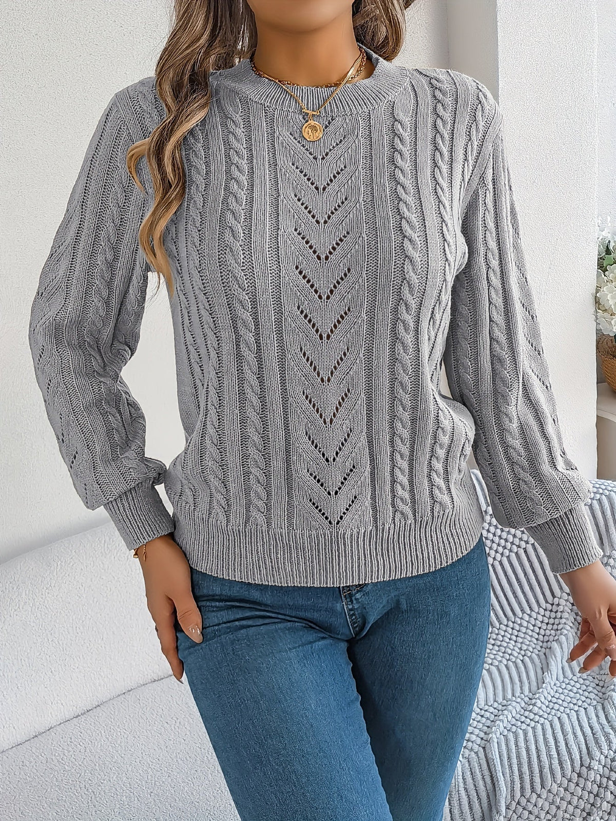 Women's Cable-Knit Openwork Round-Neck Sweater