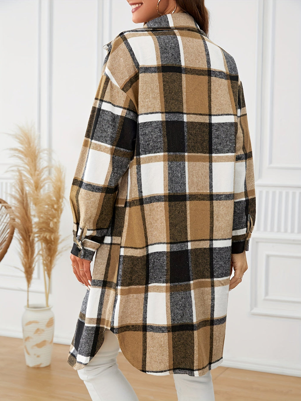 Women's Longline Plaid Button-Front Coat with Chest Pockets