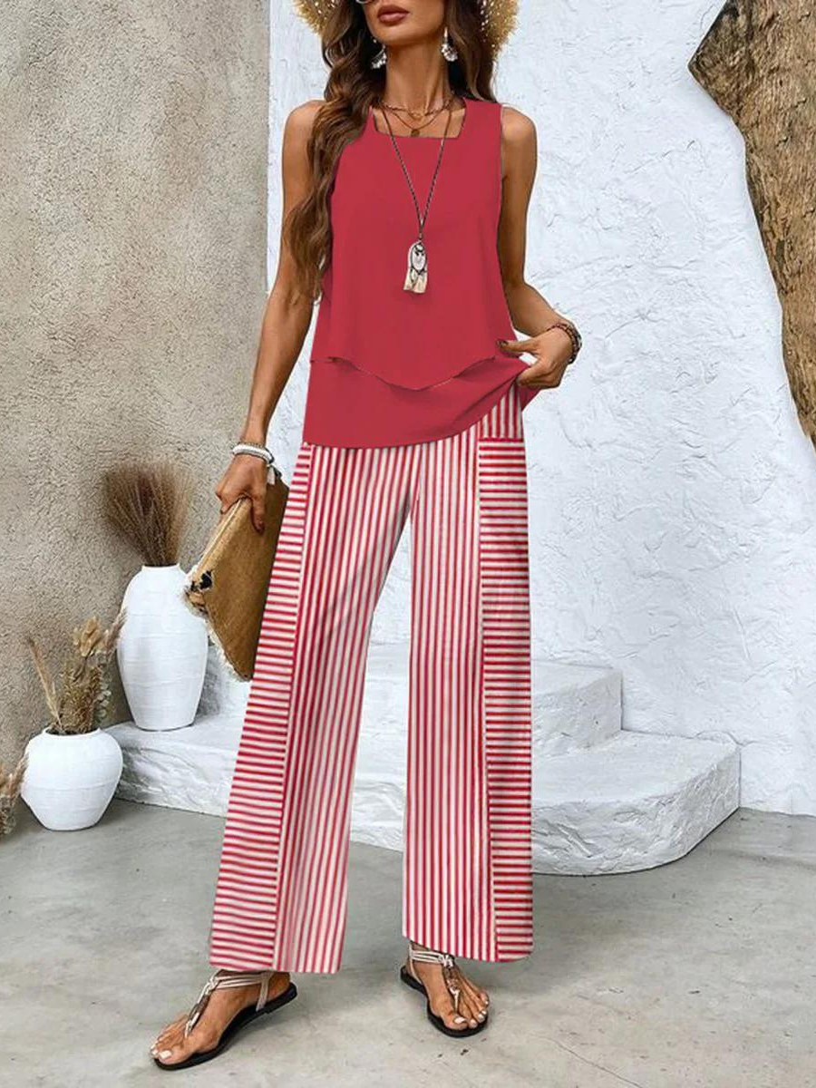 Women’s Leaf Print Wide-Leg Two-Piece Set