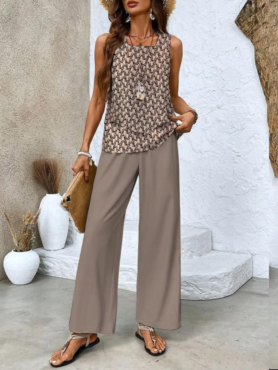 Women’s Leaf Print Wide-Leg Two-Piece Set