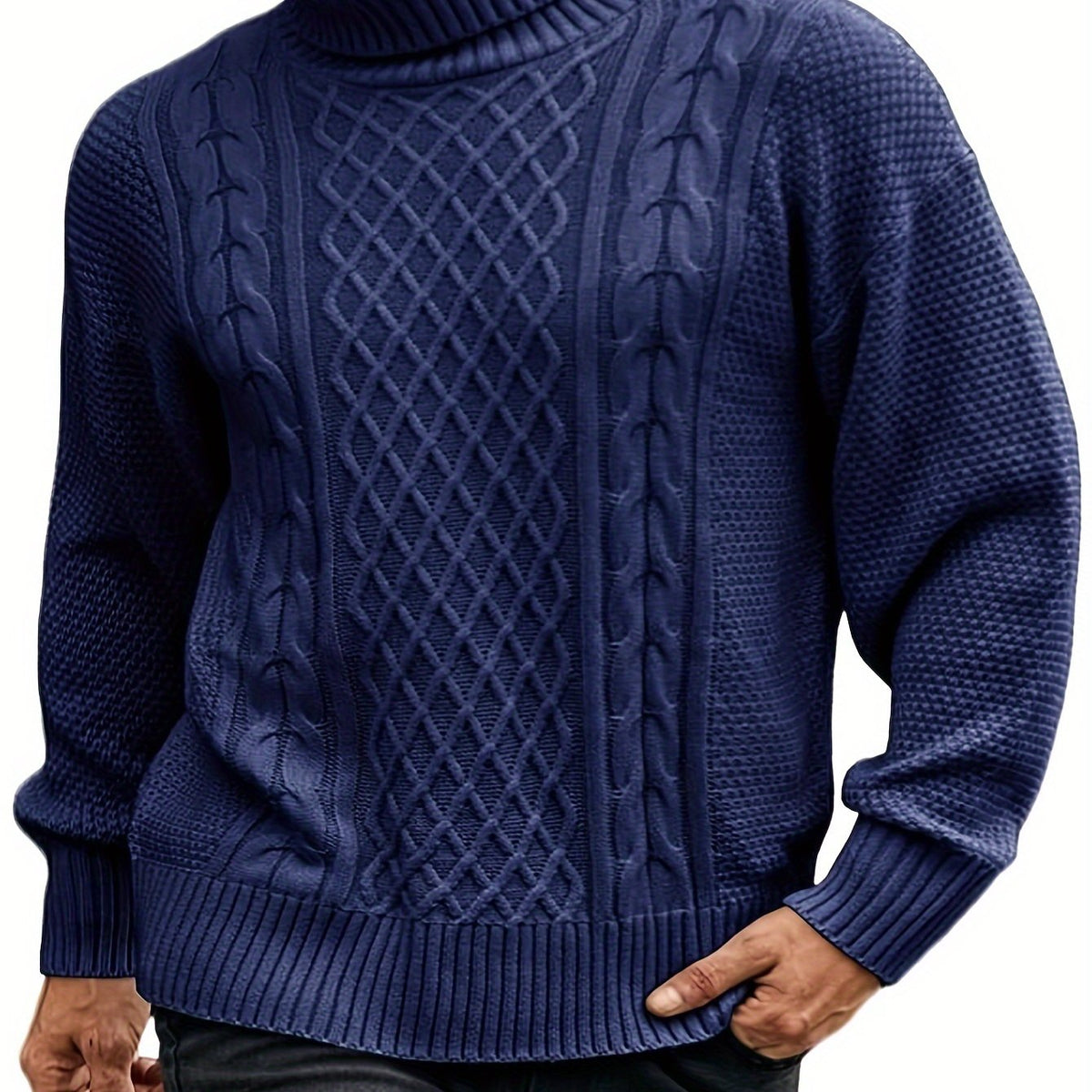 Women's Classic Cable-Knit Turtleneck Sweater in Plus Sizes - Sea Blue