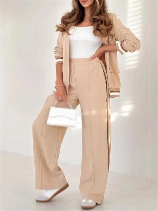 Women's Stripe Trim Wide Leg Blazer Set