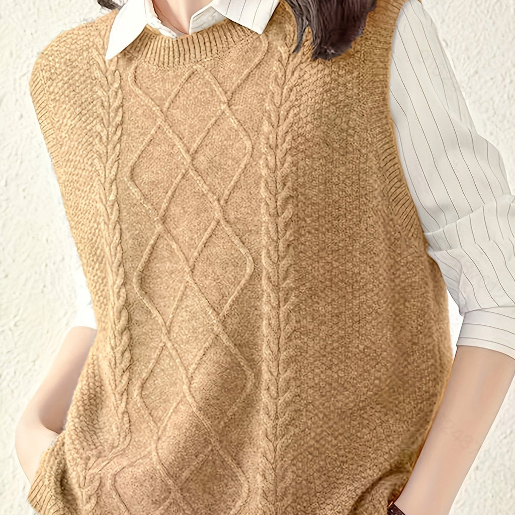 Women's Cable-Knit Round-Neck Sweater Vest - Yellowish-brown