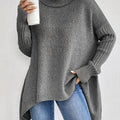 Women's Relaxed Turtleneck Sweater with Longer Hemline - Gray White