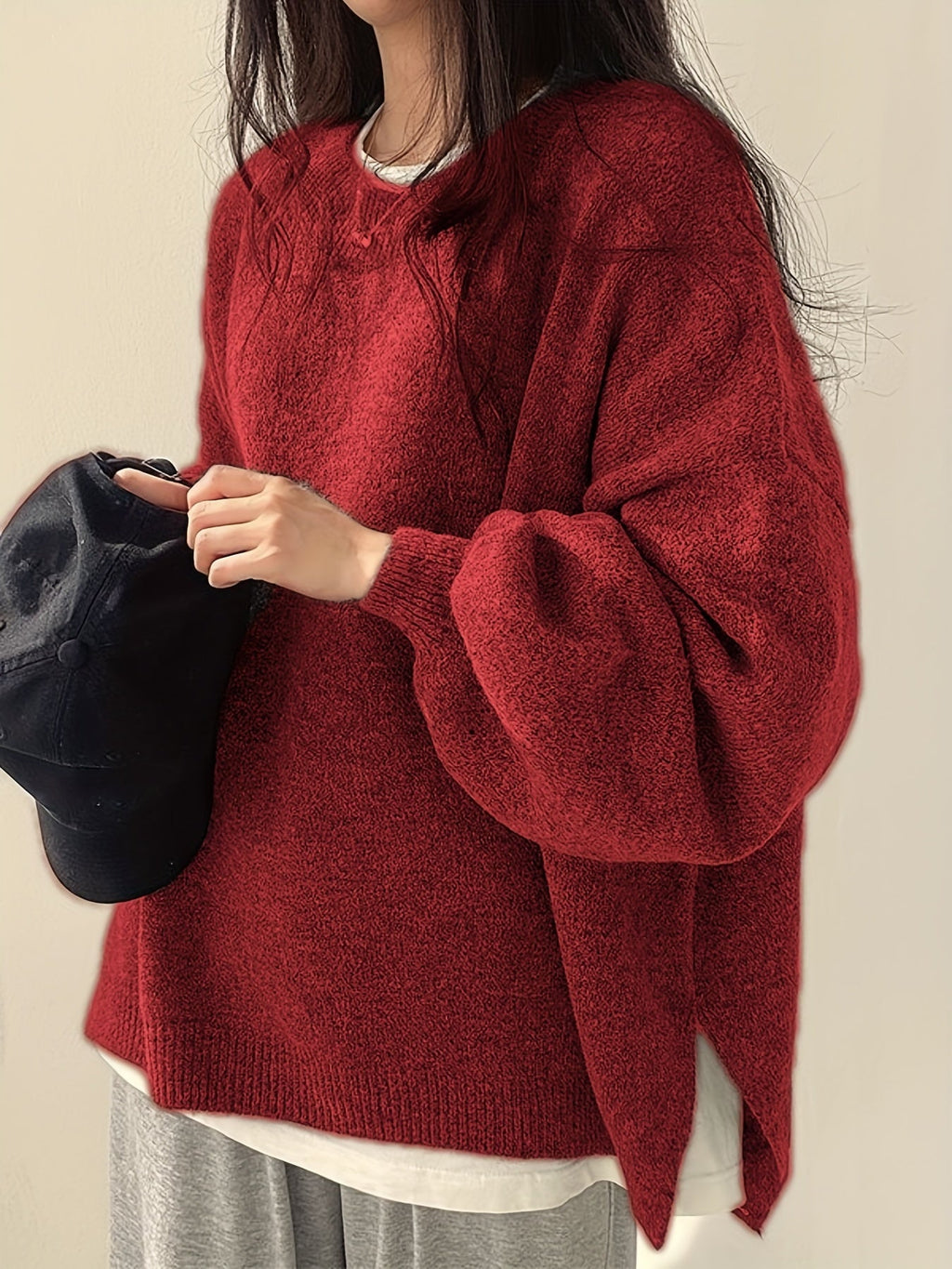 Women's Thick Knit Relaxed Round Neck Drop-Shoulder Pullover