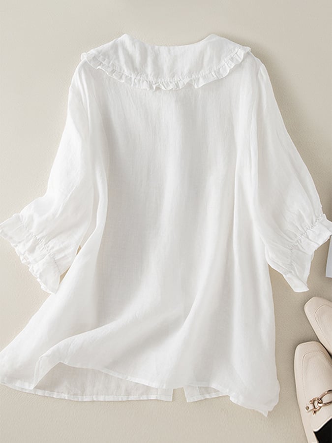 Women's Relaxed Summer Shirt Button-Front Blouse with Ruffled Collar and Cuffs