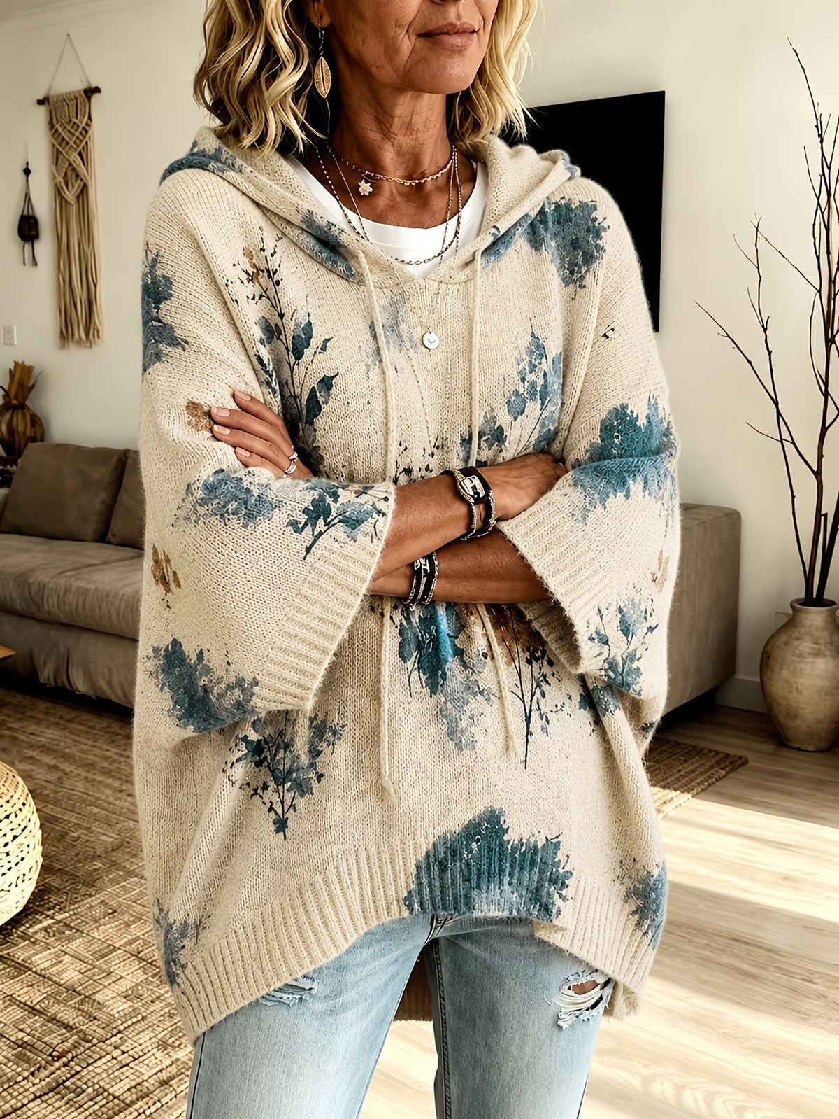 Women's Hooded Floral Cape Sweater with Drawstring
