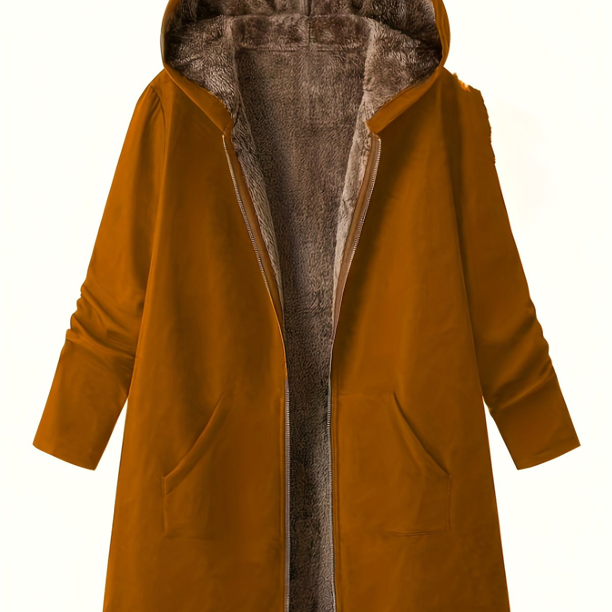 Women's Plush Lined Longline Hooded Zip Coat - Bronze