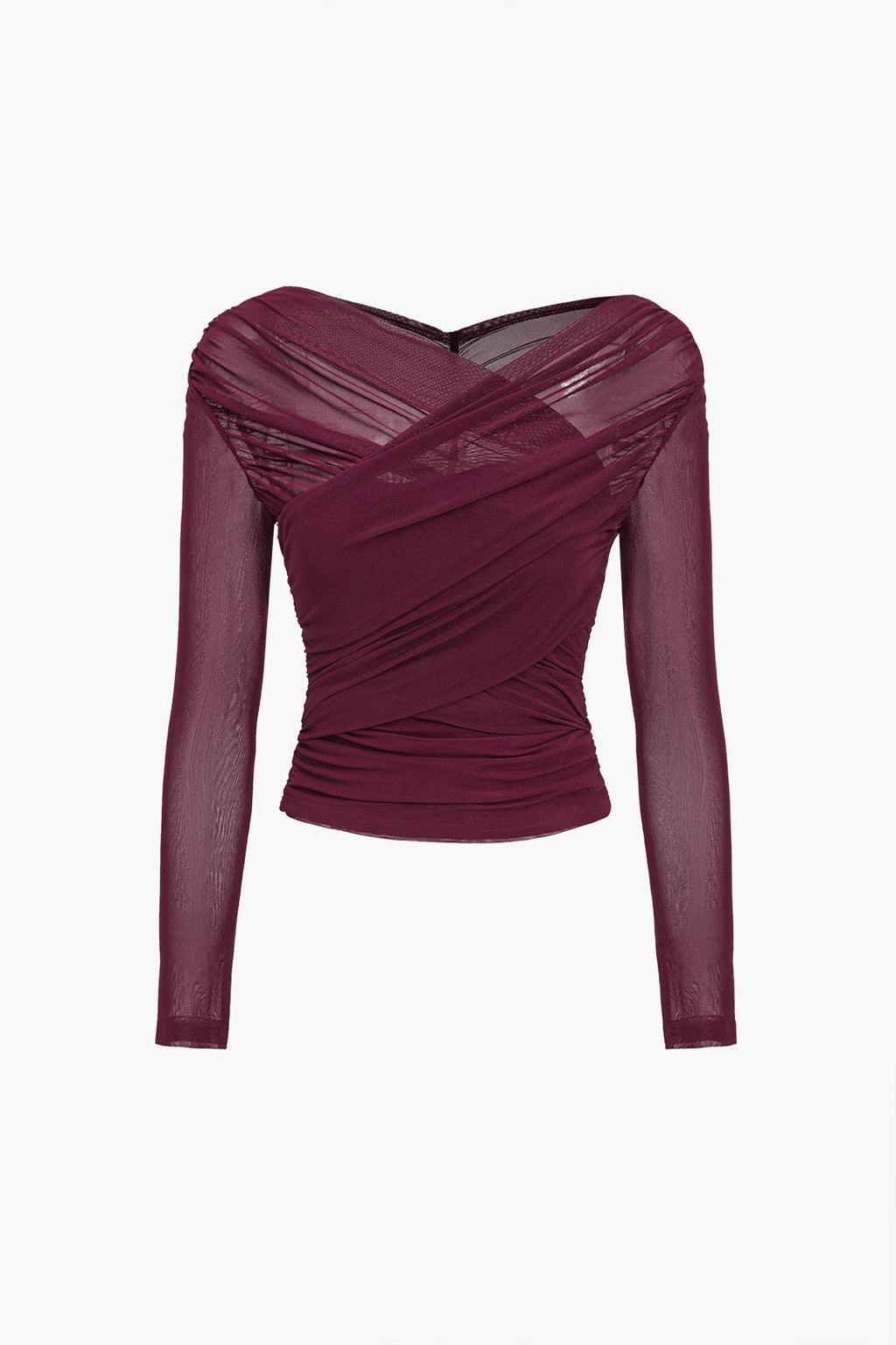 Women's Ruched Mesh Wrap Top Long Sleeve Evening Top for Elegant Styling
