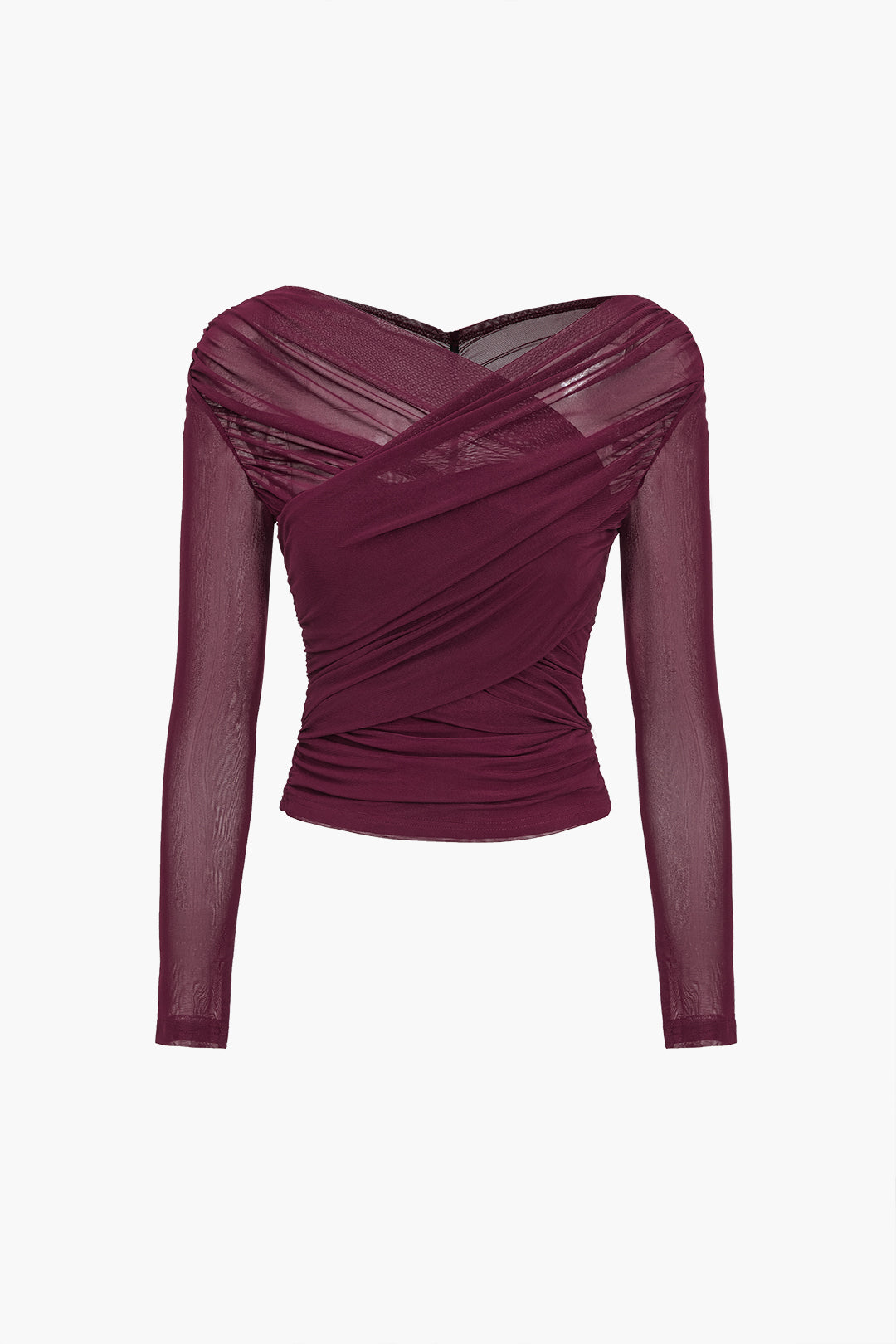 Women's Ruched Mesh Wrap Top Long Sleeve Evening Top for Elegant Styling