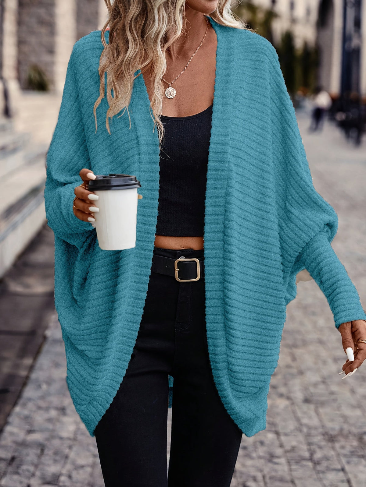 Women's Draped Open-Front Ribbed Cardigan