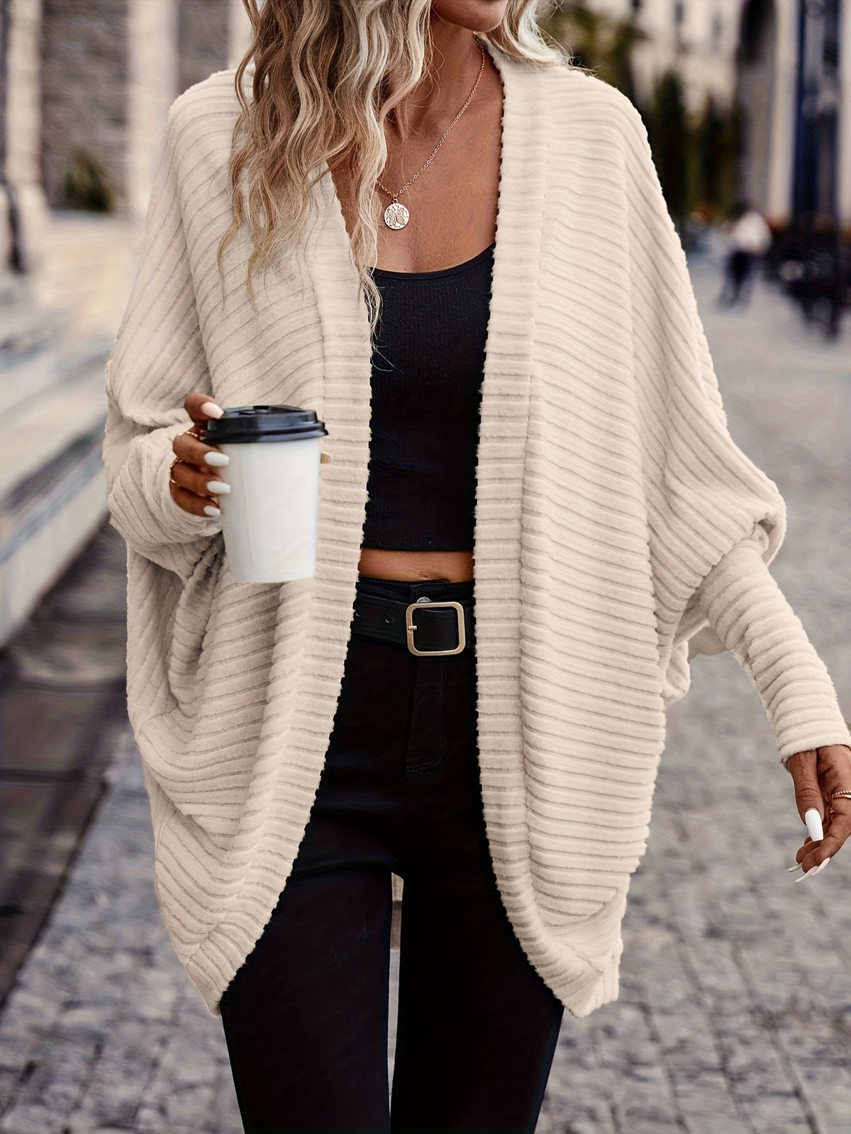 Women's Draped Open-Front Ribbed Cardigan