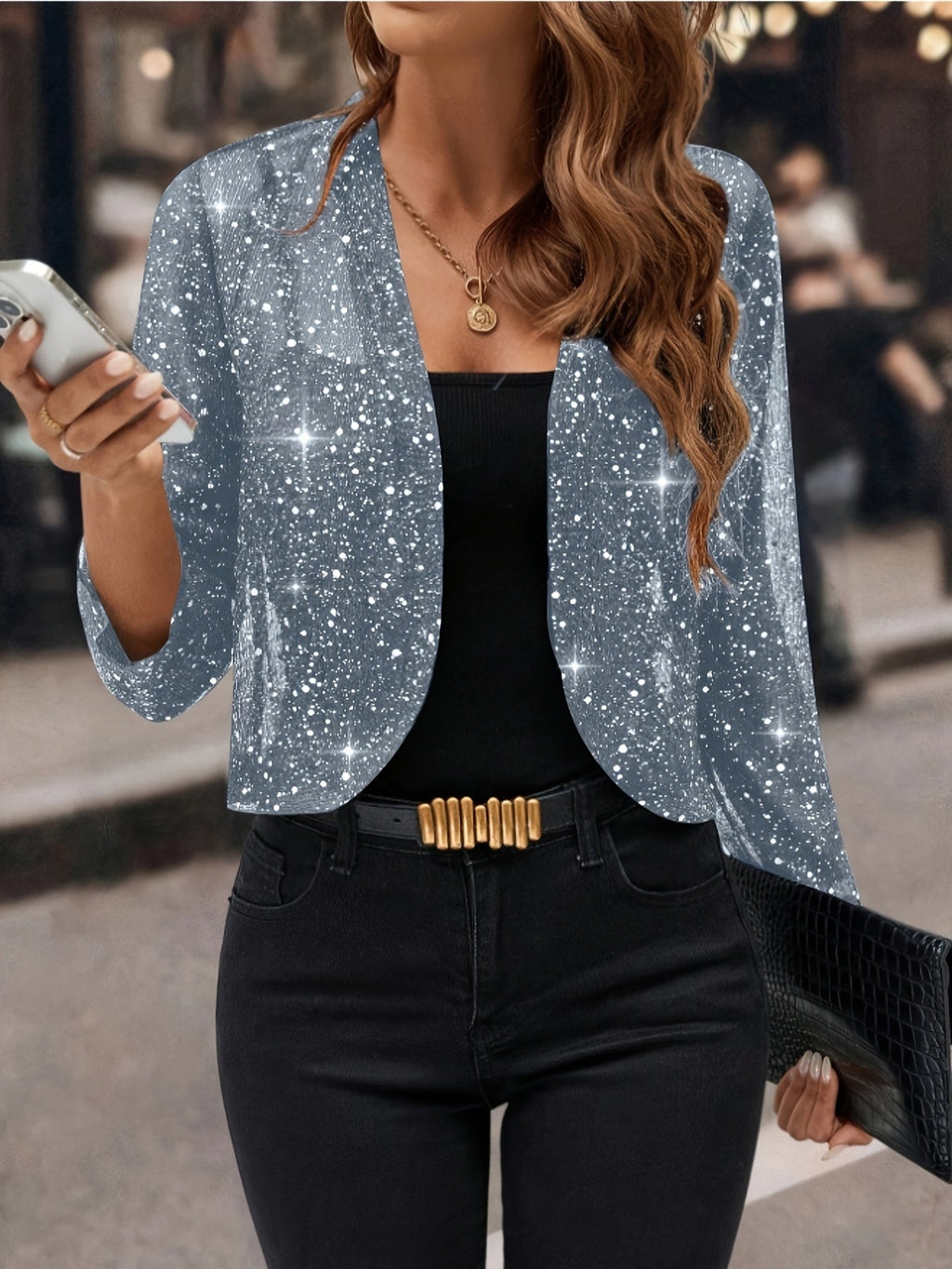 Women's Shimmer Cropped Open-Front Jacket