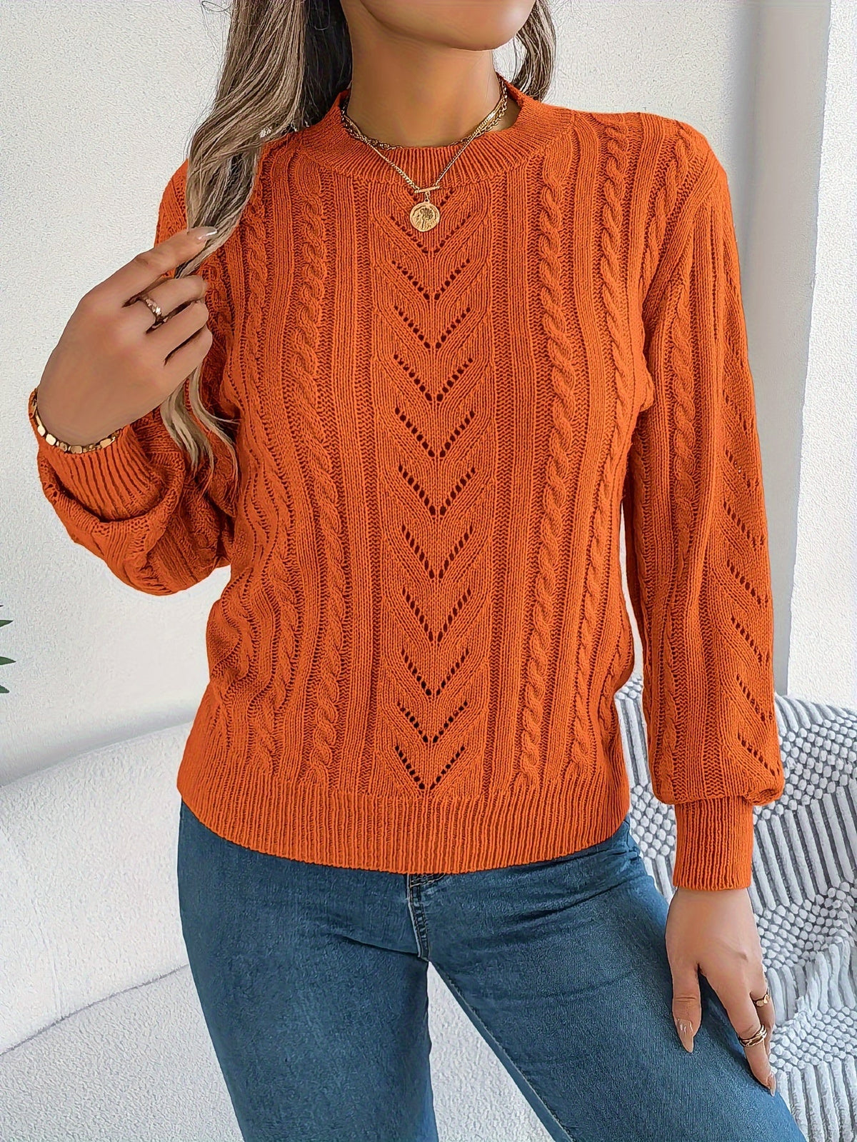 Women's Cable-Knit Openwork Round-Neck Sweater