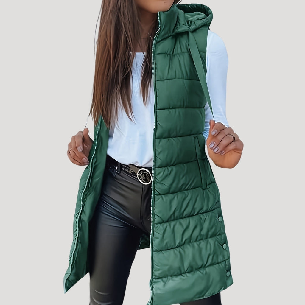 Women's Quilted Hooded Longline Vest - Dark Green
