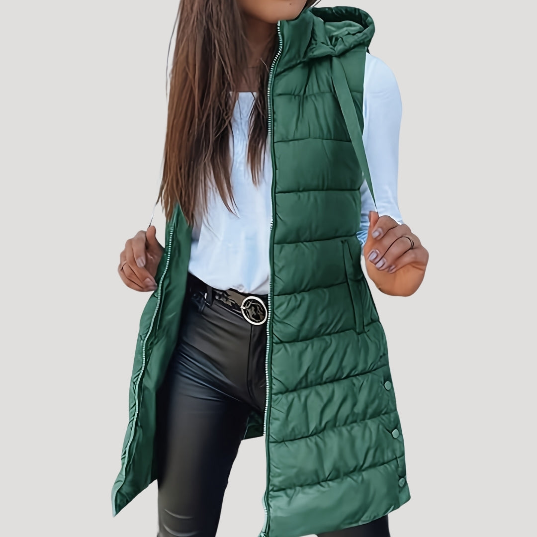 Women's Quilted Hooded Longline Vest - Dark Green