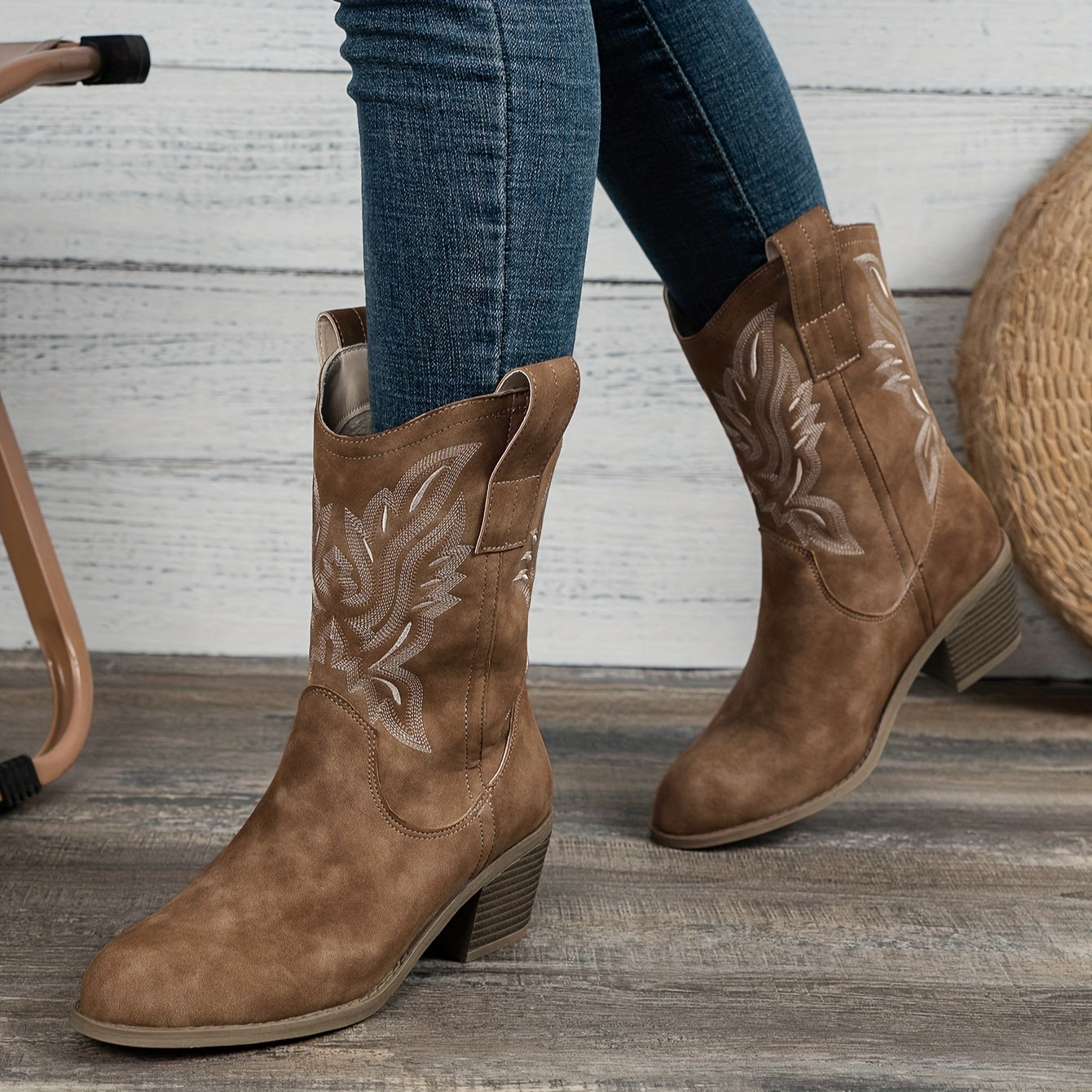 Women's Camel Wide Calf Western Cowboy Boots