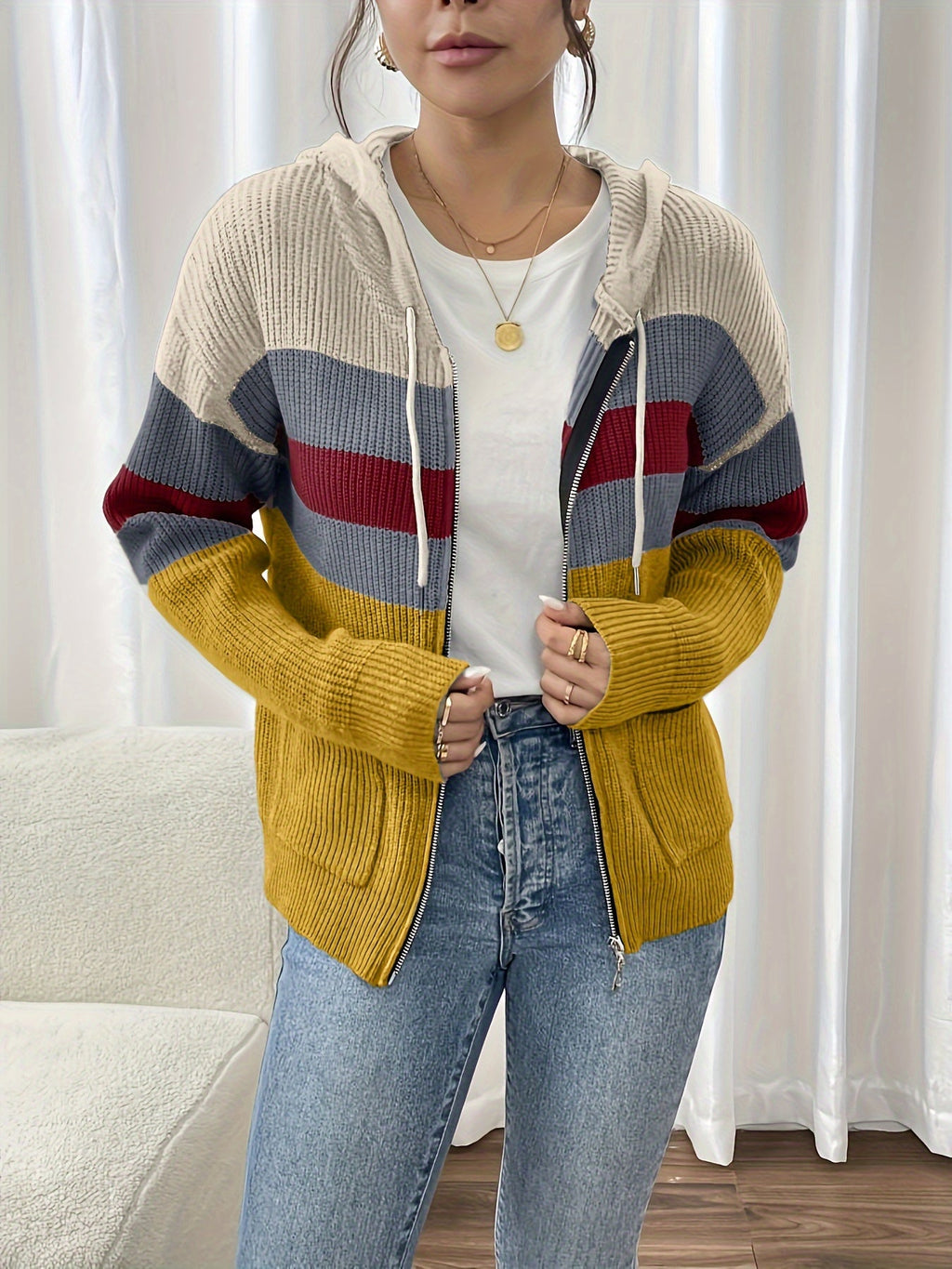 Women's Ribbed Color-Block Hooded Zip Cardigan