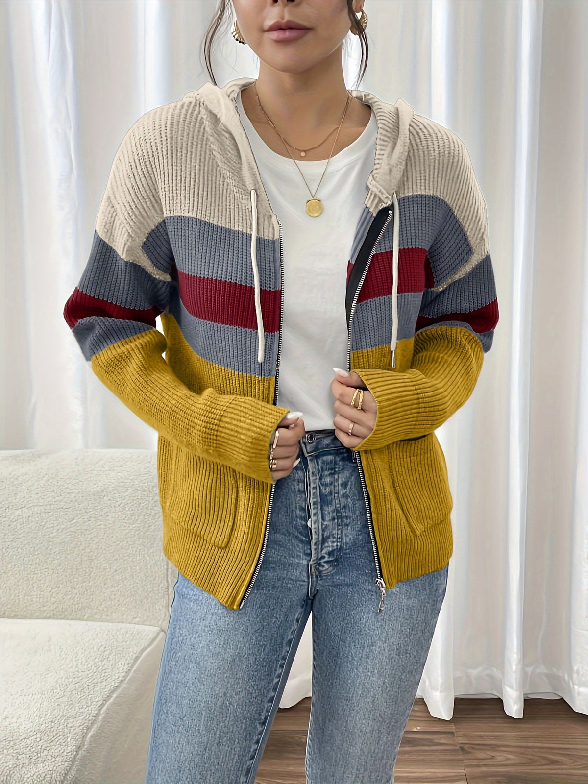 Women's Ribbed Color-Block Hooded Zip Cardigan