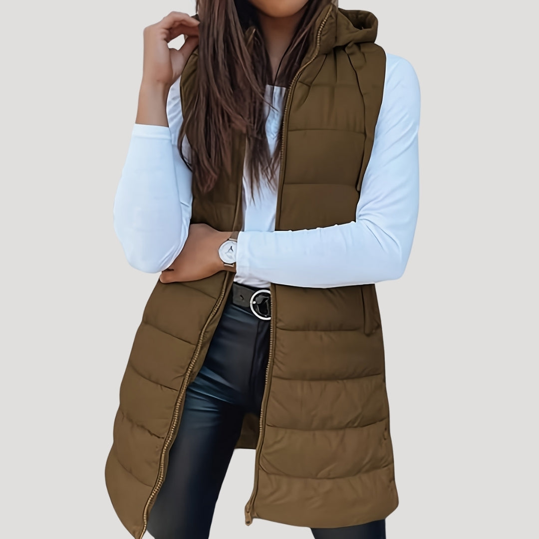 Women's Quilted Hooded Longline Vest - Brown