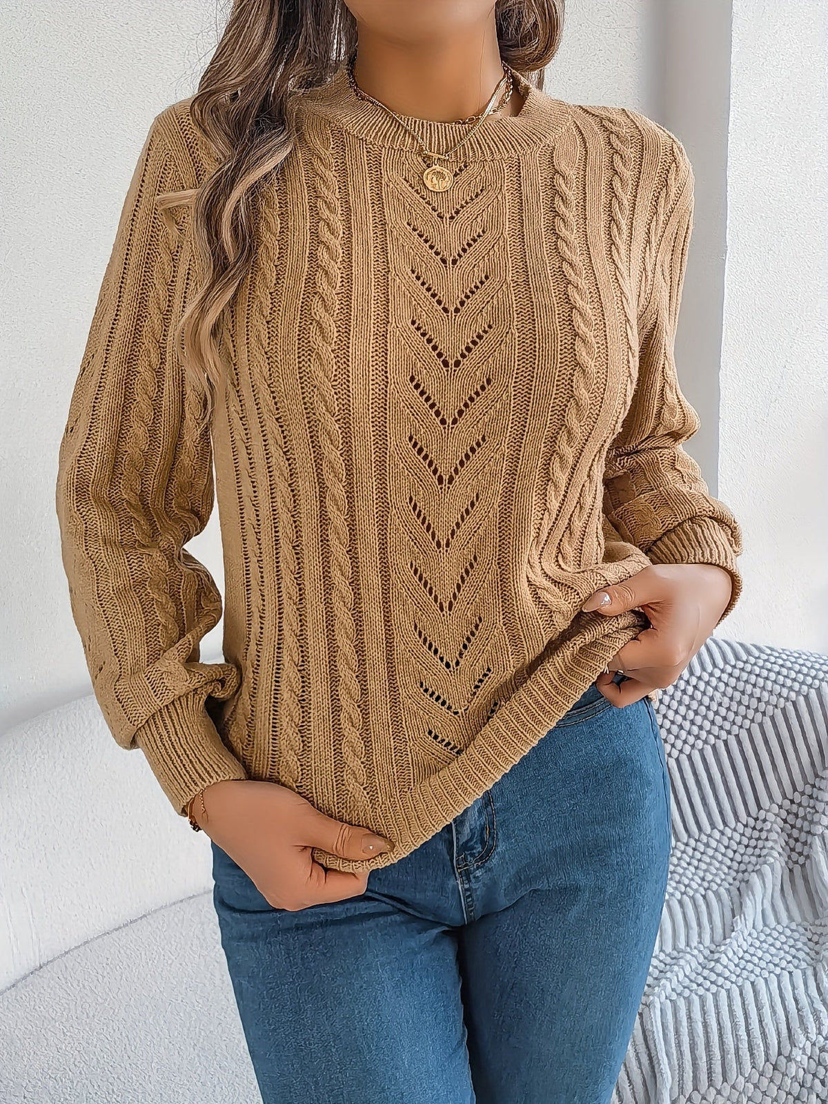 Women's Cable-Knit Openwork Round-Neck Sweater