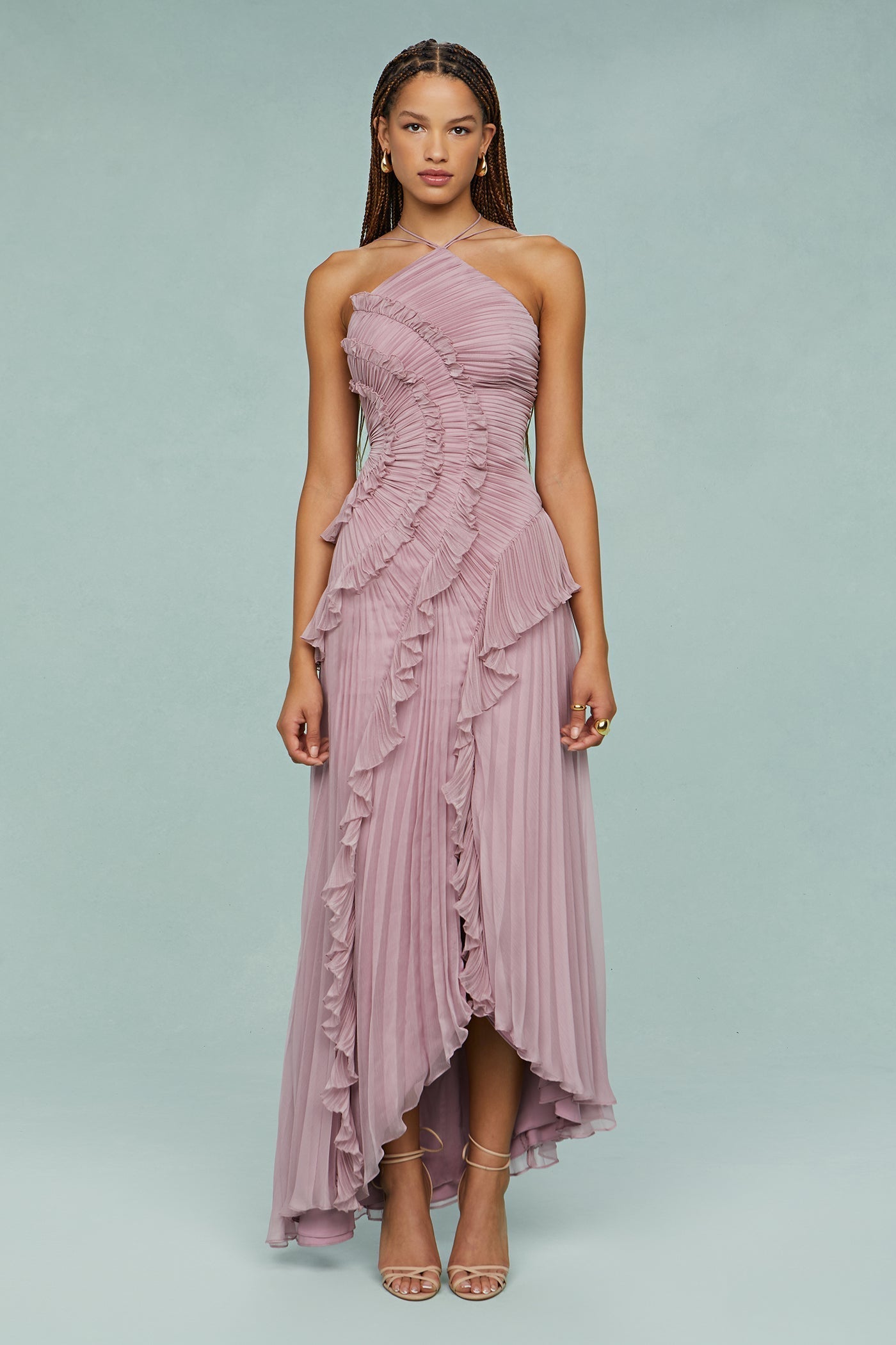 Women's Summer Occasion Midi Dress Pleated Halter Neck Style with Ruffle Detailing