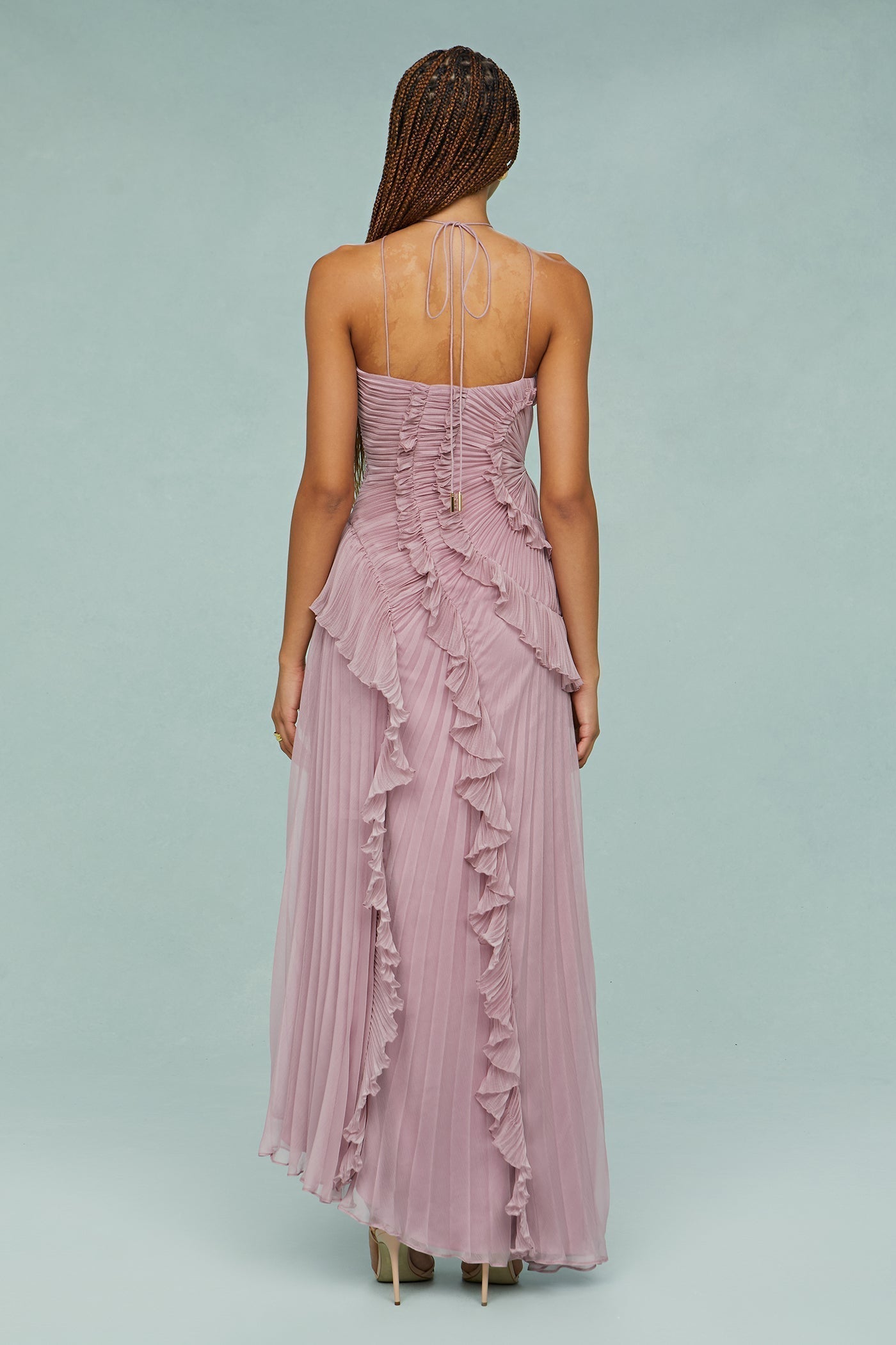 Women's Summer Occasion Midi Dress Pleated Halter Neck Style with Ruffle Detailing
