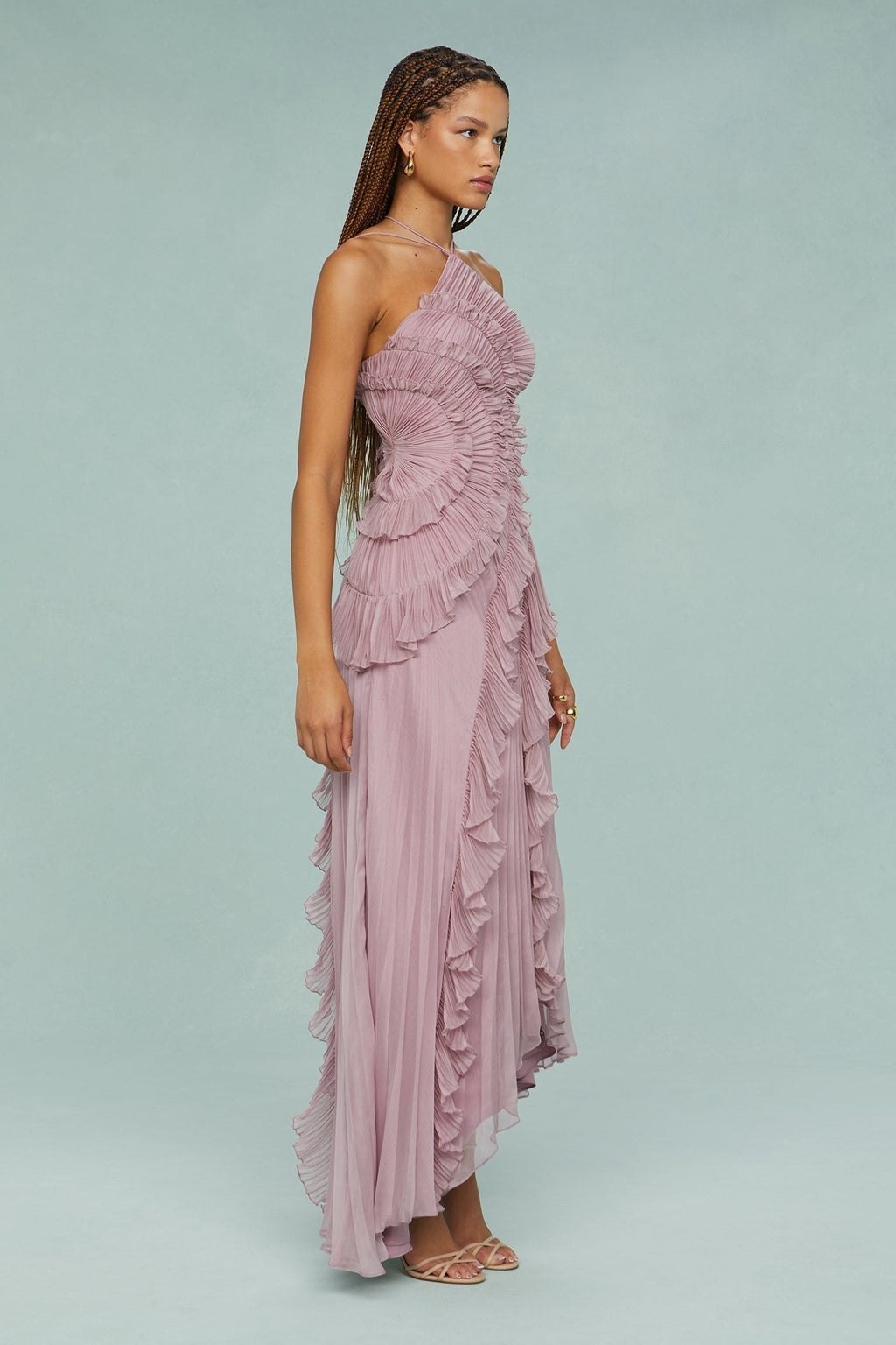 Women's Summer Occasion Midi Dress Pleated Halter Neck Style with Ruffle Detailing