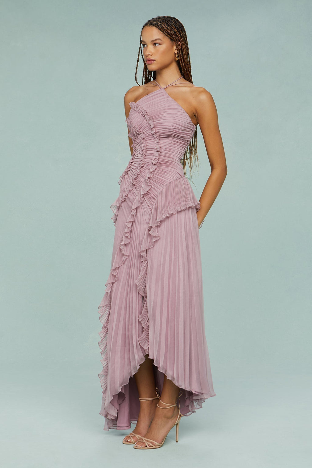 Women's Summer Occasion Midi Dress Pleated Halter Neck Style with Ruffle Detailing