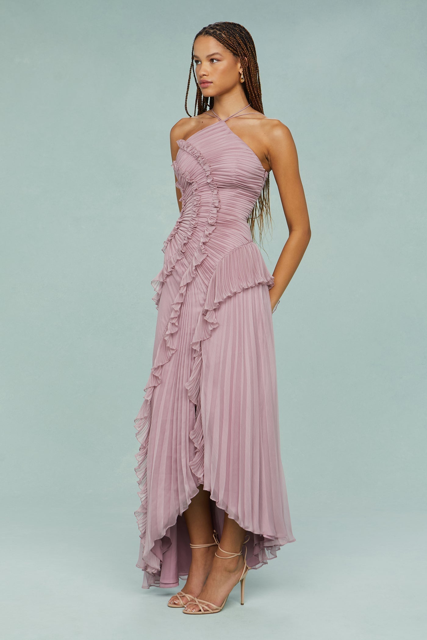 Women's Summer Occasion Midi Dress Pleated Halter Neck Style with Ruffle Detailing
