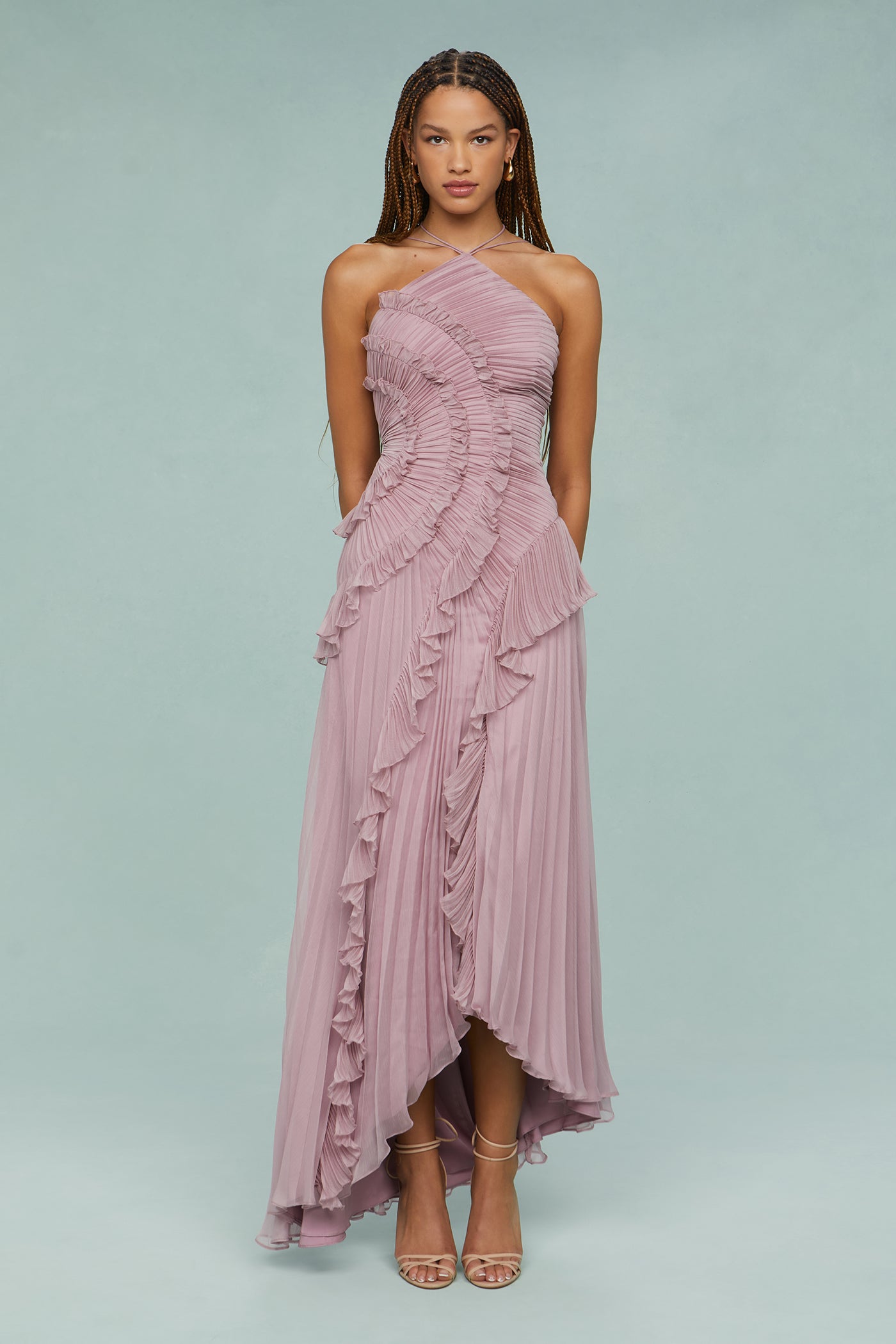 Women's Summer Occasion Midi Dress Pleated Halter Neck Style with Ruffle Detailing