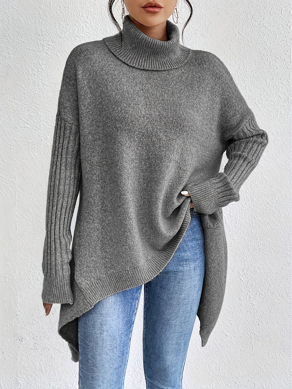 Women's Relaxed Turtleneck Sweater with Longer Hemline