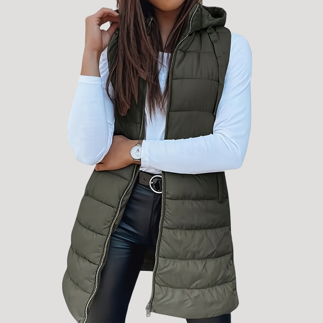 Women's Quilted Hooded Longline Vest - Army Green