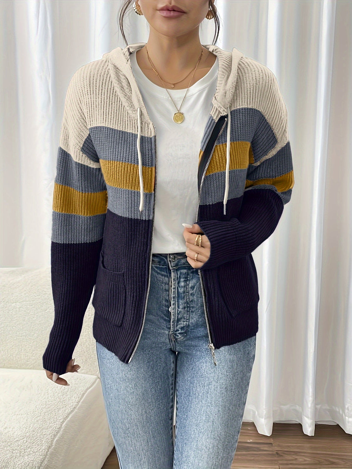 Women's Ribbed Color-Block Hooded Zip Cardigan