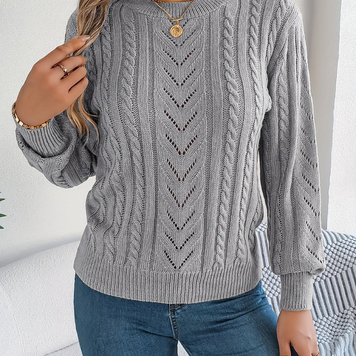 Women's Cable-Knit Openwork Round-Neck Sweater