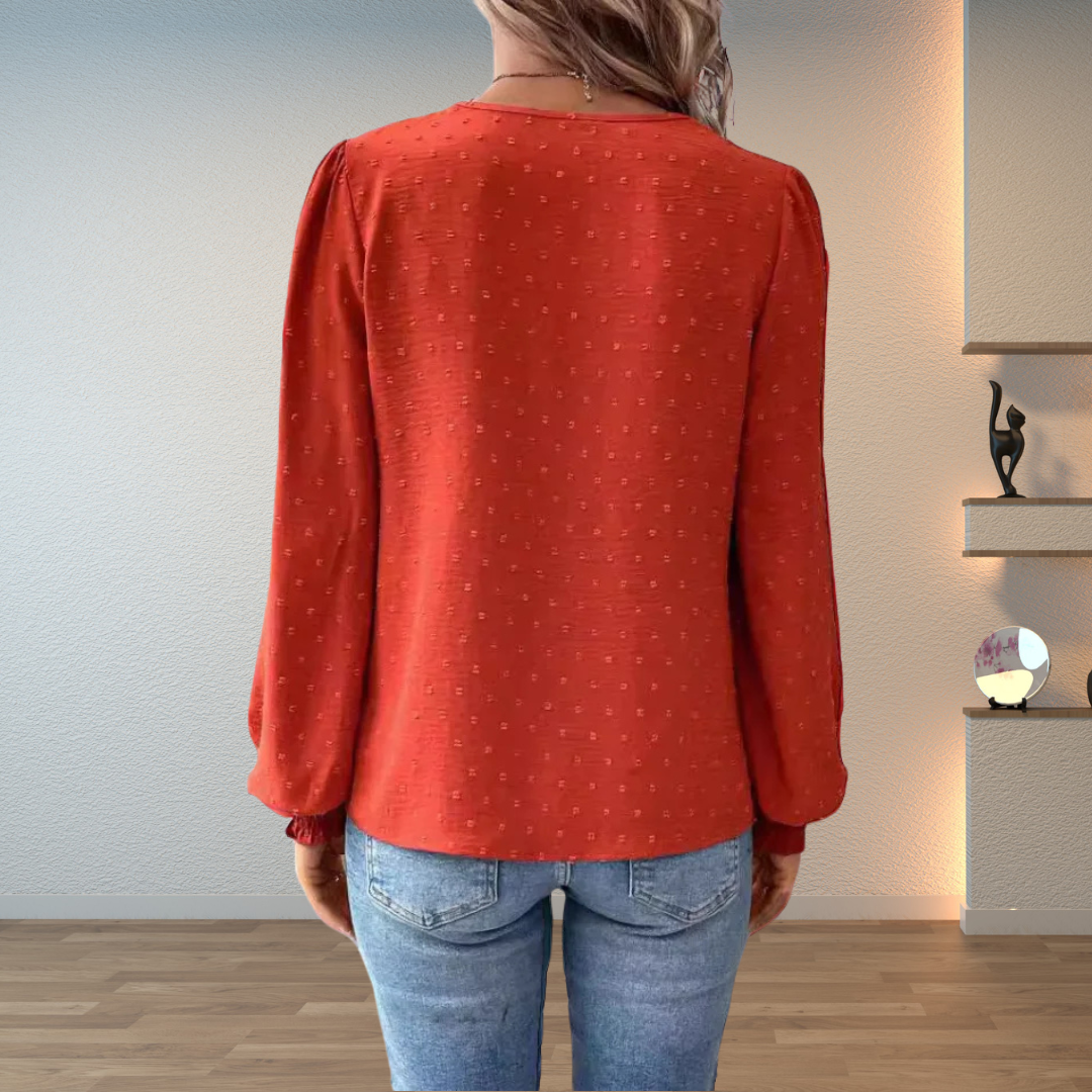 Women's Lightweight Summer Blouse V-Neck Top with Textured Detail and Blouson Sleeves
