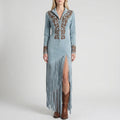 Long Sleeve Fringe Maxi Dress with Embroidered Detail